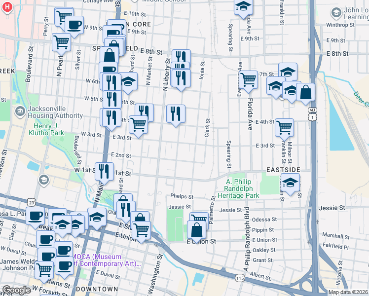 map of restaurants, bars, coffee shops, grocery stores, and more near 419 East 2nd Street in Jacksonville