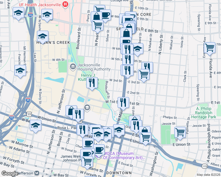 map of restaurants, bars, coffee shops, grocery stores, and more near 1140 North Laura Street in Jacksonville