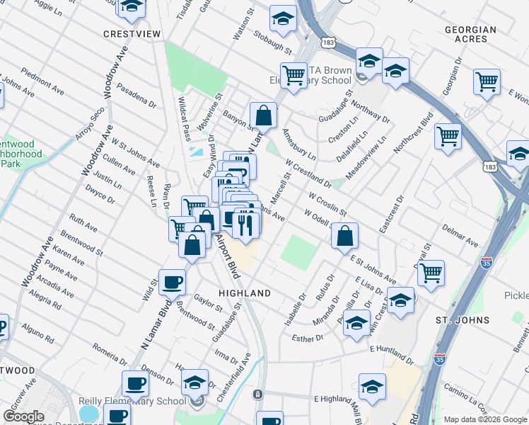 map of restaurants, bars, coffee shops, grocery stores, and more near 615 West Saint Johns Avenue in Austin