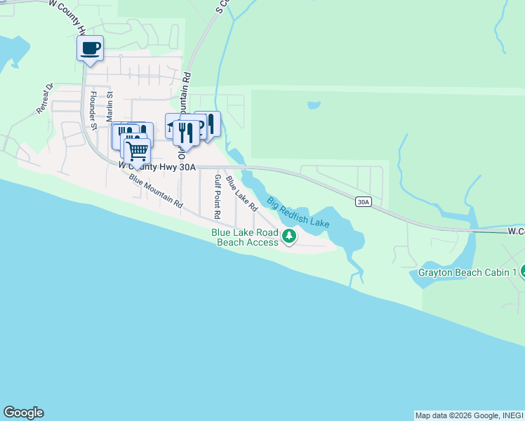 map of restaurants, bars, coffee shops, grocery stores, and more near 254 Blue Lake Road in Santa Rosa Beach