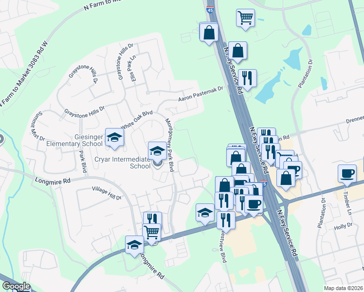 map of restaurants, bars, coffee shops, grocery stores, and more near 2330 Montgomery Park Boulevard in Conroe
