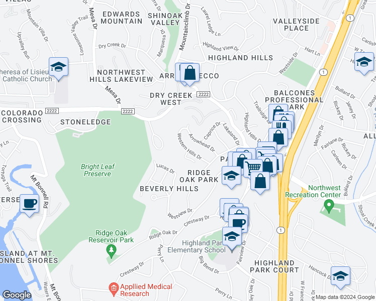 map of restaurants, bars, coffee shops, grocery stores, and more near 6721 Lucas Lane in Austin