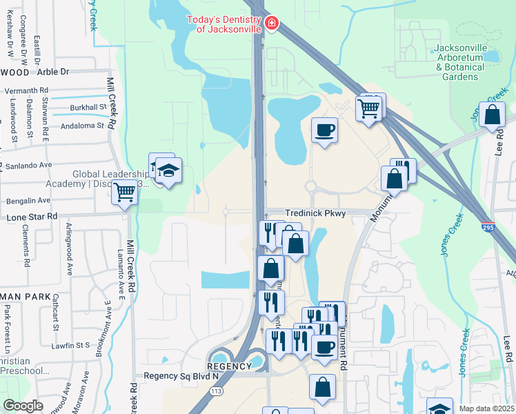map of restaurants, bars, coffee shops, grocery stores, and more near 72074 Tredinick Parkway in Jacksonville