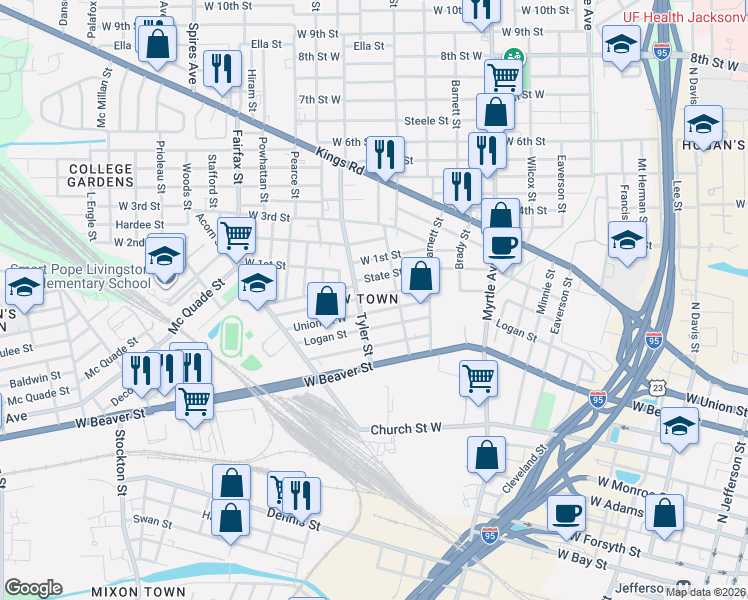 map of restaurants, bars, coffee shops, grocery stores, and more near 1474 Windle Street in Jacksonville