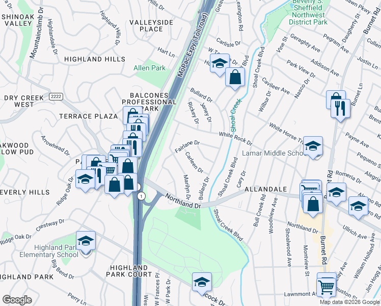 map of restaurants, bars, coffee shops, grocery stores, and more near 5917 Carleen Drive in Austin