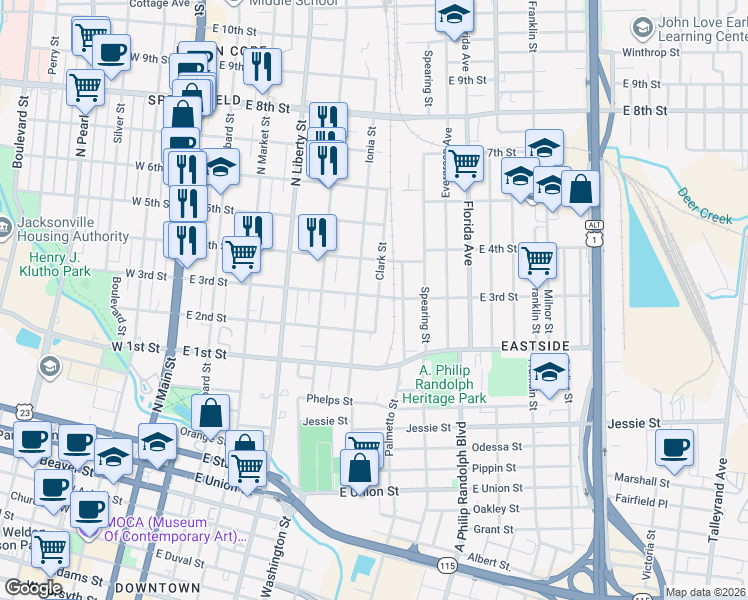 map of restaurants, bars, coffee shops, grocery stores, and more near 526 East 3rd Street in Jacksonville