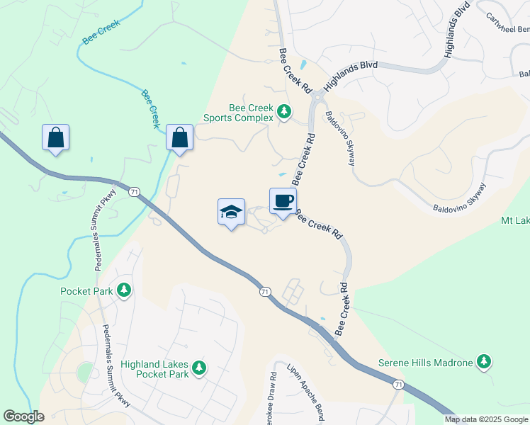 map of restaurants, bars, coffee shops, grocery stores, and more near 4900 Bee Creek Road in Spicewood