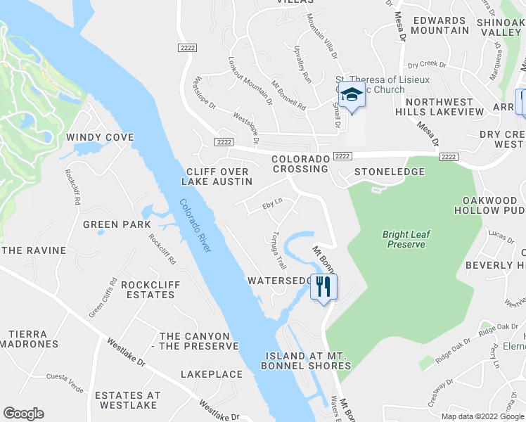 map of restaurants, bars, coffee shops, grocery stores, and more near 5412 Odessa Lane in Austin