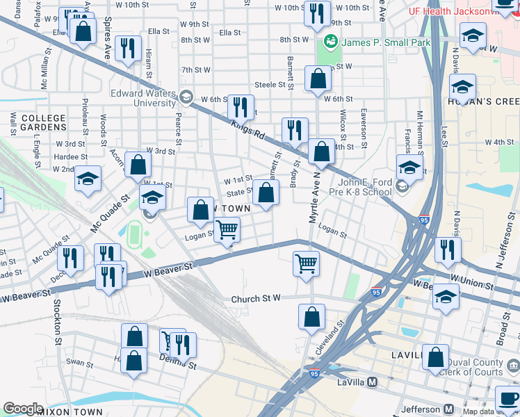 map of restaurants, bars, coffee shops, grocery stores, and more near 1423 Union Street West in Jacksonville