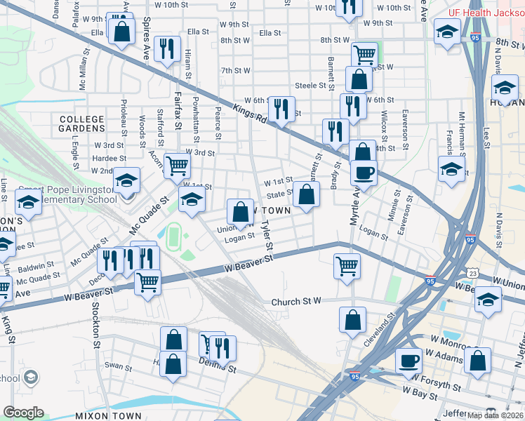map of restaurants, bars, coffee shops, grocery stores, and more near Windle Street in Jacksonville