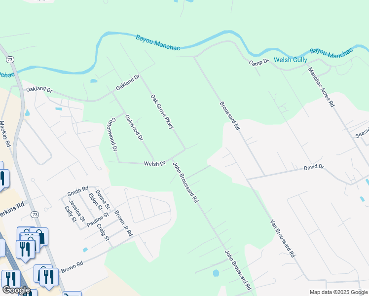 map of restaurants, bars, coffee shops, grocery stores, and more near 17172 Oak Grove Parkway in Prairieville