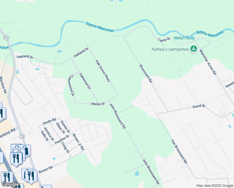 map of restaurants, bars, coffee shops, grocery stores, and more near 17172 Oak Grove Parkway in Prairieville