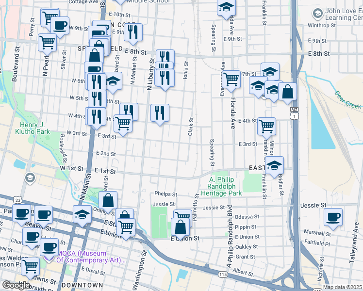 map of restaurants, bars, coffee shops, grocery stores, and more near 1317 Ionia Street in Jacksonville