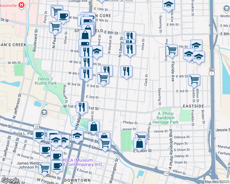 map of restaurants, bars, coffee shops, grocery stores, and more near 215 East 3rd Street in Jacksonville