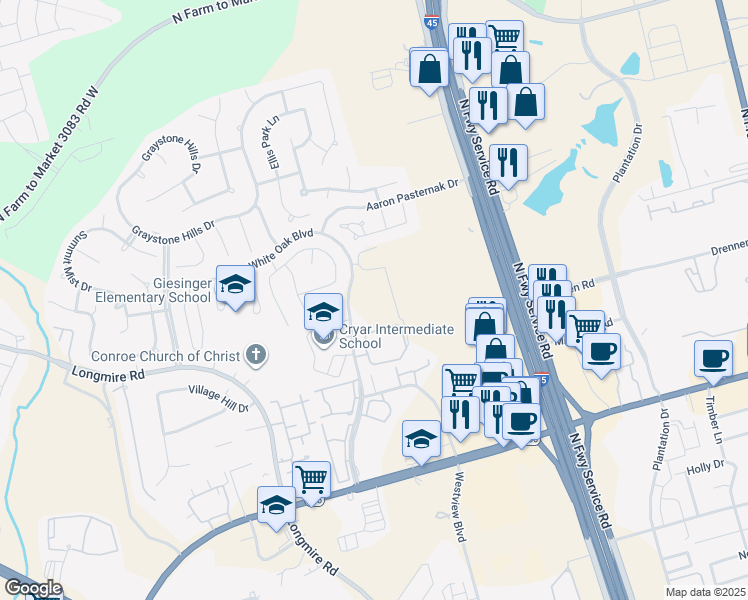 map of restaurants, bars, coffee shops, grocery stores, and more near 2414 Springwood Glen Lane in Conroe
