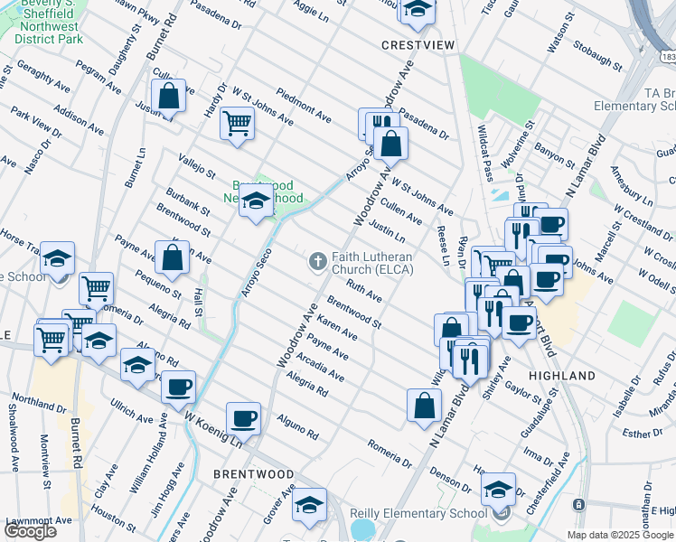 map of restaurants, bars, coffee shops, grocery stores, and more near 1403 Choquette Drive in Austin