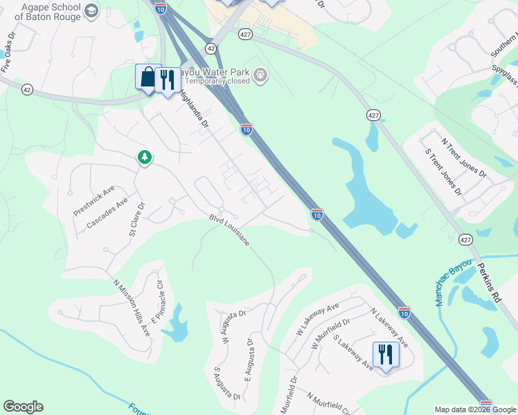 map of restaurants, bars, coffee shops, grocery stores, and more near 655 Highlandia Drive in Baton Rouge