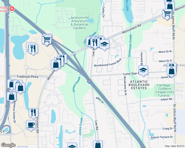 map of restaurants, bars, coffee shops, grocery stores, and more near 1009 Lee Road in Jacksonville