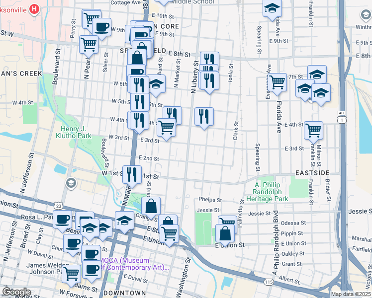 map of restaurants, bars, coffee shops, grocery stores, and more near 215 East 3rd Street in Jacksonville