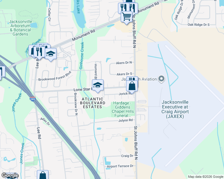 map of restaurants, bars, coffee shops, grocery stores, and more near 10549 Lone Star Road in Jacksonville