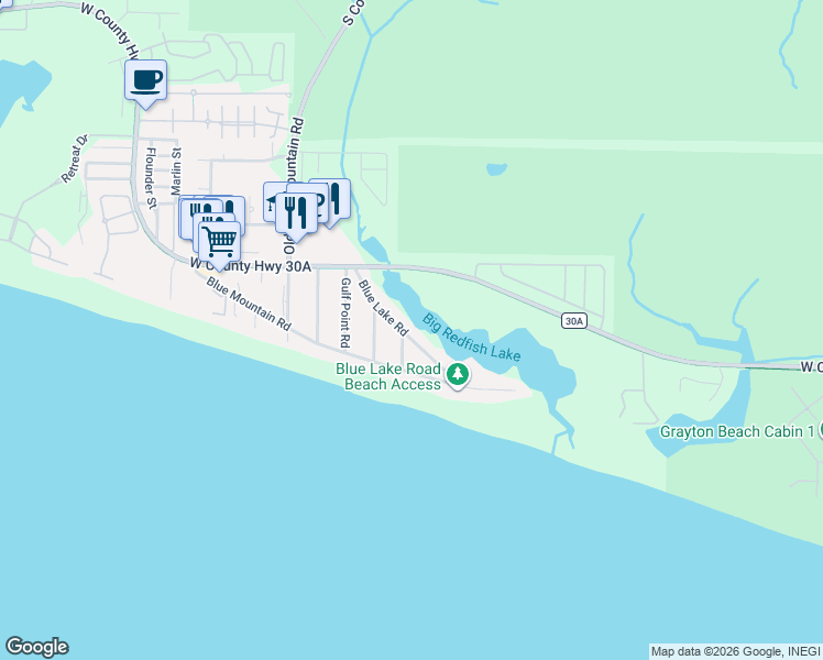 map of restaurants, bars, coffee shops, grocery stores, and more near 171 Blue Lake Road in Santa Rosa Beach