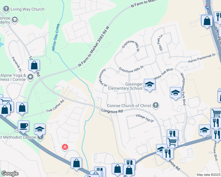 map of restaurants, bars, coffee shops, grocery stores, and more near 2153 Summit Mist Drive in Conroe