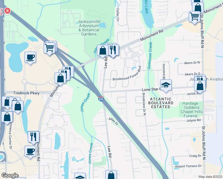 map of restaurants, bars, coffee shops, grocery stores, and more near 10046 Romaine Cir S in Jacksonville