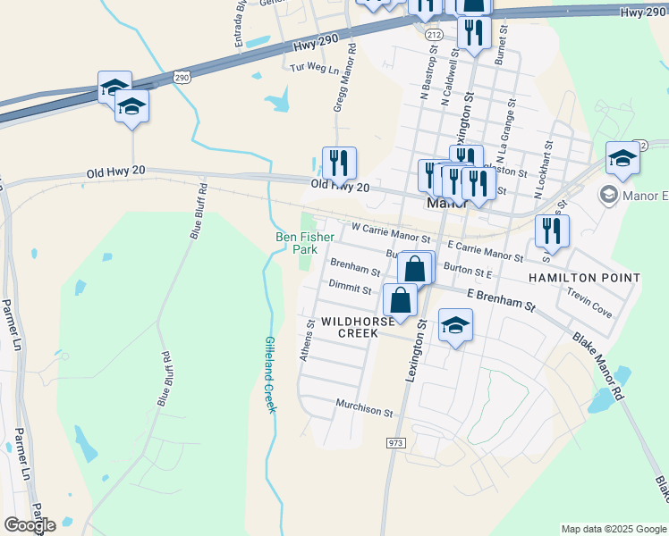 map of restaurants, bars, coffee shops, grocery stores, and more near 11305 Brenham Street in Manor