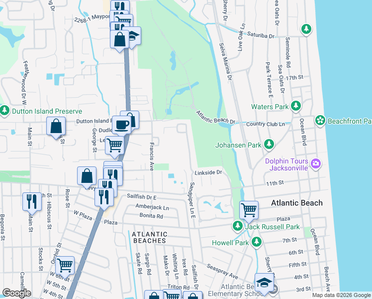 map of restaurants, bars, coffee shops, grocery stores, and more near 1563 Linkside Drive in Atlantic Beach