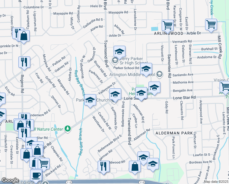 map of restaurants, bars, coffee shops, grocery stores, and more near 1544 Sharonhill Drive in Jacksonville
