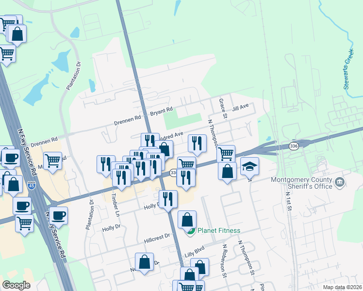 map of restaurants, bars, coffee shops, grocery stores, and more near 701 Hildred Avenue in Conroe