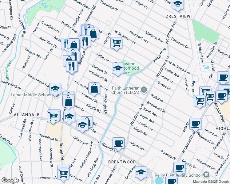 map of restaurants, bars, coffee shops, grocery stores, and more near 1706 Karen Avenue in Austin