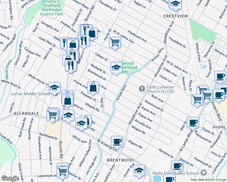 map of restaurants, bars, coffee shops, grocery stores, and more near 1706 Karen Avenue in Austin