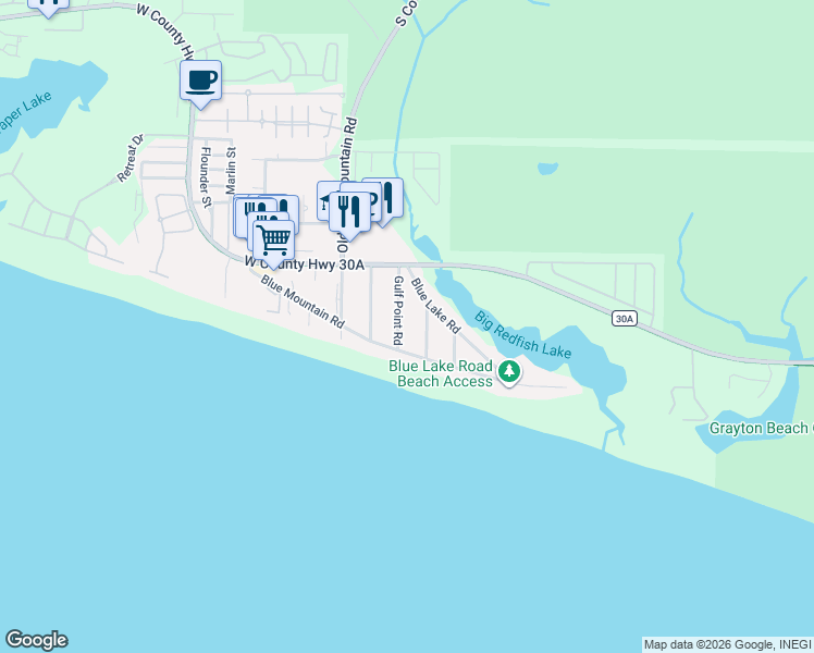 map of restaurants, bars, coffee shops, grocery stores, and more near 98 Gulf Point Road in Santa Rosa Beach