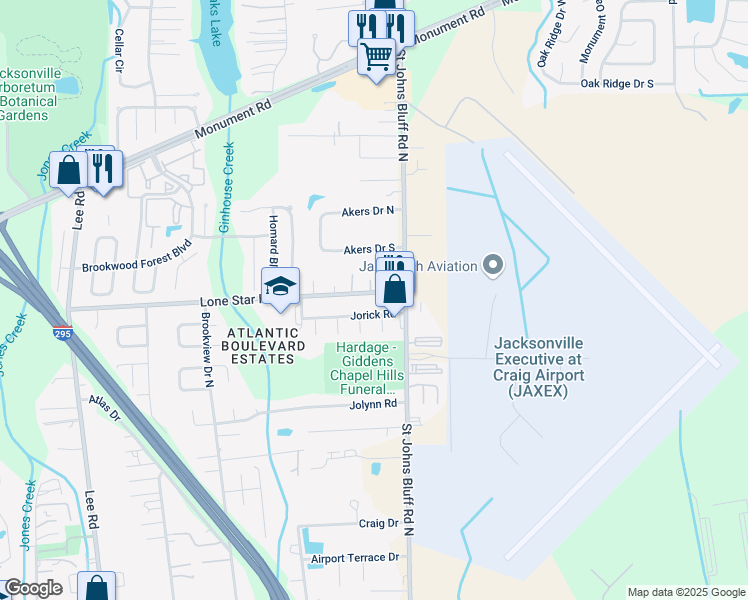 map of restaurants, bars, coffee shops, grocery stores, and more near 1056 Vivian Court in Jacksonville