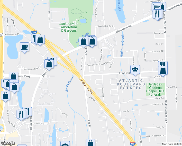 map of restaurants, bars, coffee shops, grocery stores, and more near 1120 West Romaine Circle in Jacksonville