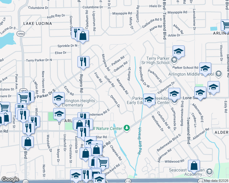 map of restaurants, bars, coffee shops, grocery stores, and more near 1596 Domas Drive in Jacksonville