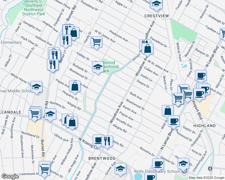 map of restaurants, bars, coffee shops, grocery stores, and more near 1504 Ruth Avenue in Austin