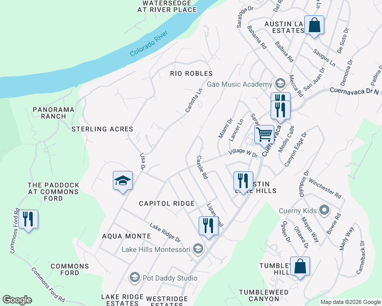 map of restaurants, bars, coffee shops, grocery stores, and more near 1301 Lipan Trail in Austin