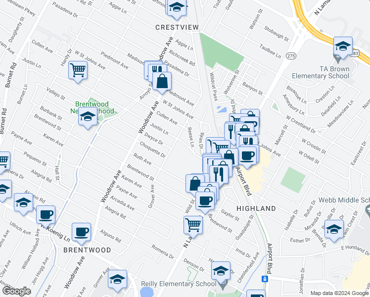 map of restaurants, bars, coffee shops, grocery stores, and more near 1103 Justin Lane in Austin