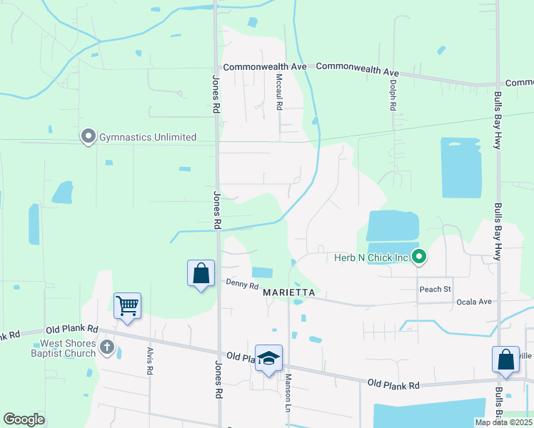 map of restaurants, bars, coffee shops, grocery stores, and more near 1341 Jones Road in Jacksonville