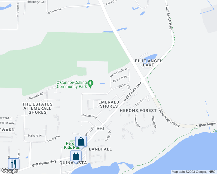 map of restaurants, bars, coffee shops, grocery stores, and more near 766 Marlin Spike Drive in Pensacola