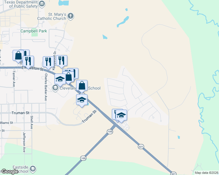 map of restaurants, bars, coffee shops, grocery stores, and more near 10001 Spring Creek Road in Cleveland