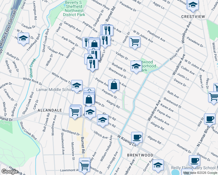map of restaurants, bars, coffee shops, grocery stores, and more near 2003 Payne Avenue in Austin