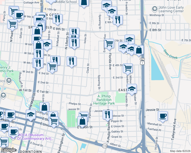 map of restaurants, bars, coffee shops, grocery stores, and more near 1329 Palmetto Street in Jacksonville