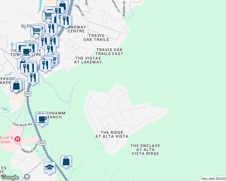 map of restaurants, bars, coffee shops, grocery stores, and more near 112 Lakota Pass in Austin