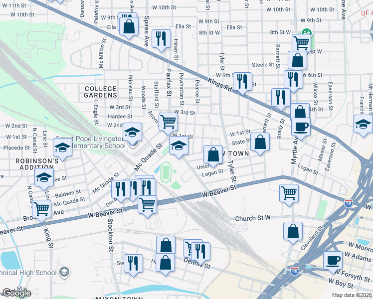 map of restaurants, bars, coffee shops, grocery stores, and more near 1044 Powhattan Street in Jacksonville
