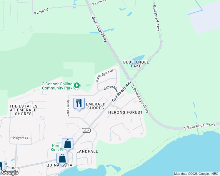 map of restaurants, bars, coffee shops, grocery stores, and more near 511 Batten Boulevard in Pensacola