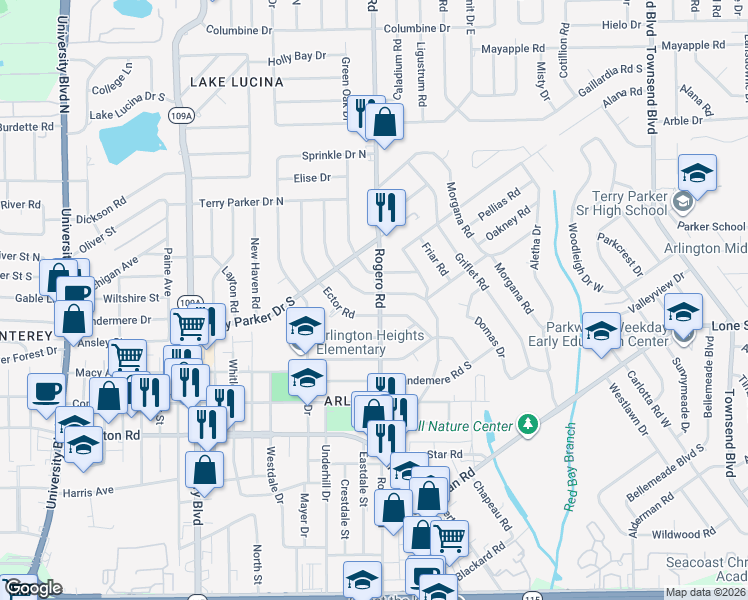map of restaurants, bars, coffee shops, grocery stores, and more near 6665 Banbury Road in Jacksonville