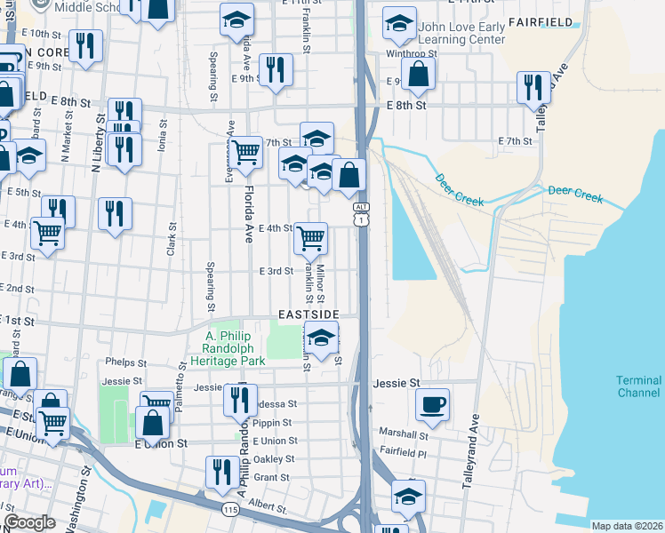 map of restaurants, bars, coffee shops, grocery stores, and more near 1328 Weare Street in Jacksonville